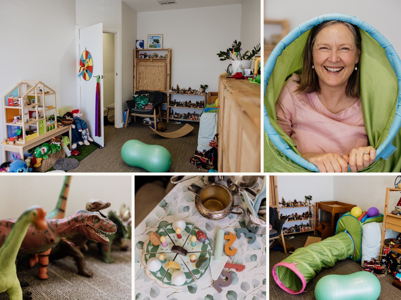 Nicky Nilsson in the play therapy room, with toys, a play tunnel, dinosaurs and a play kitchen